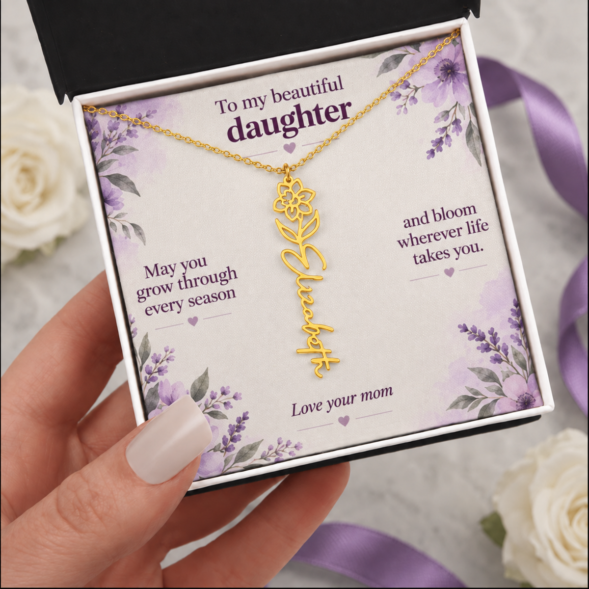 To My Daughter Personalized Birth Flower Name Necklace