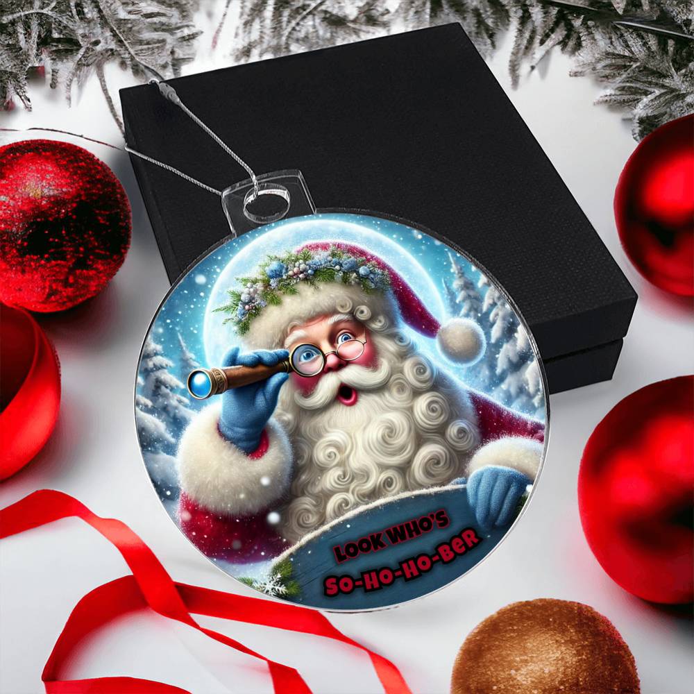 Round Santa ornament on gift wrap, blue telescope and “So-Ho-Ho-Ber” text