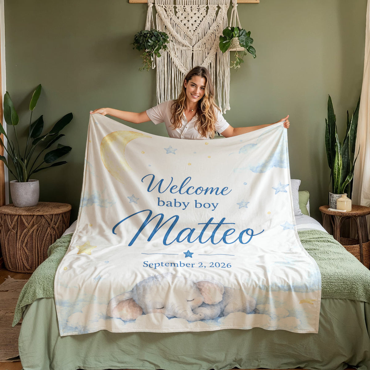 Welcome Baby Boy Blanket – Custom Name & Birth Date Elephant Keepsake