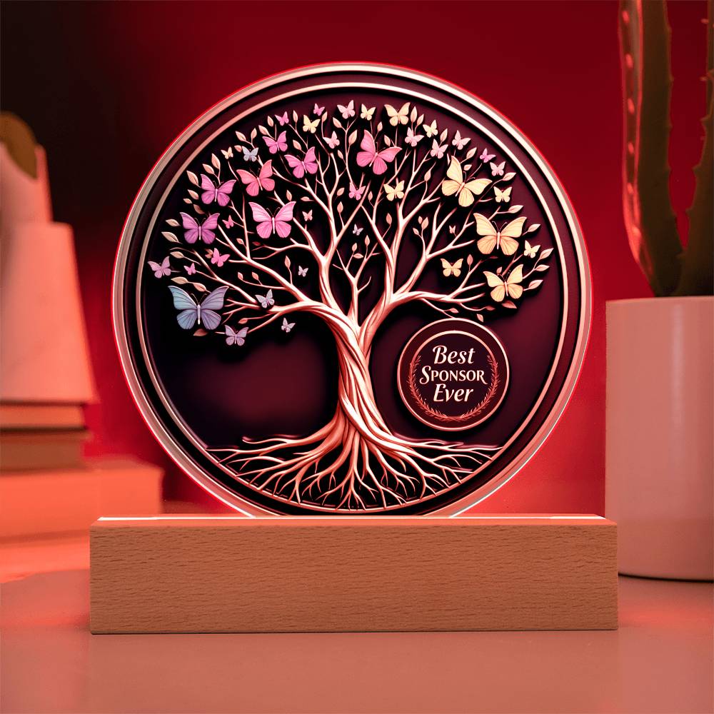 LED circle acrylic keepsake glowing red with tree, butterflies, and wood base