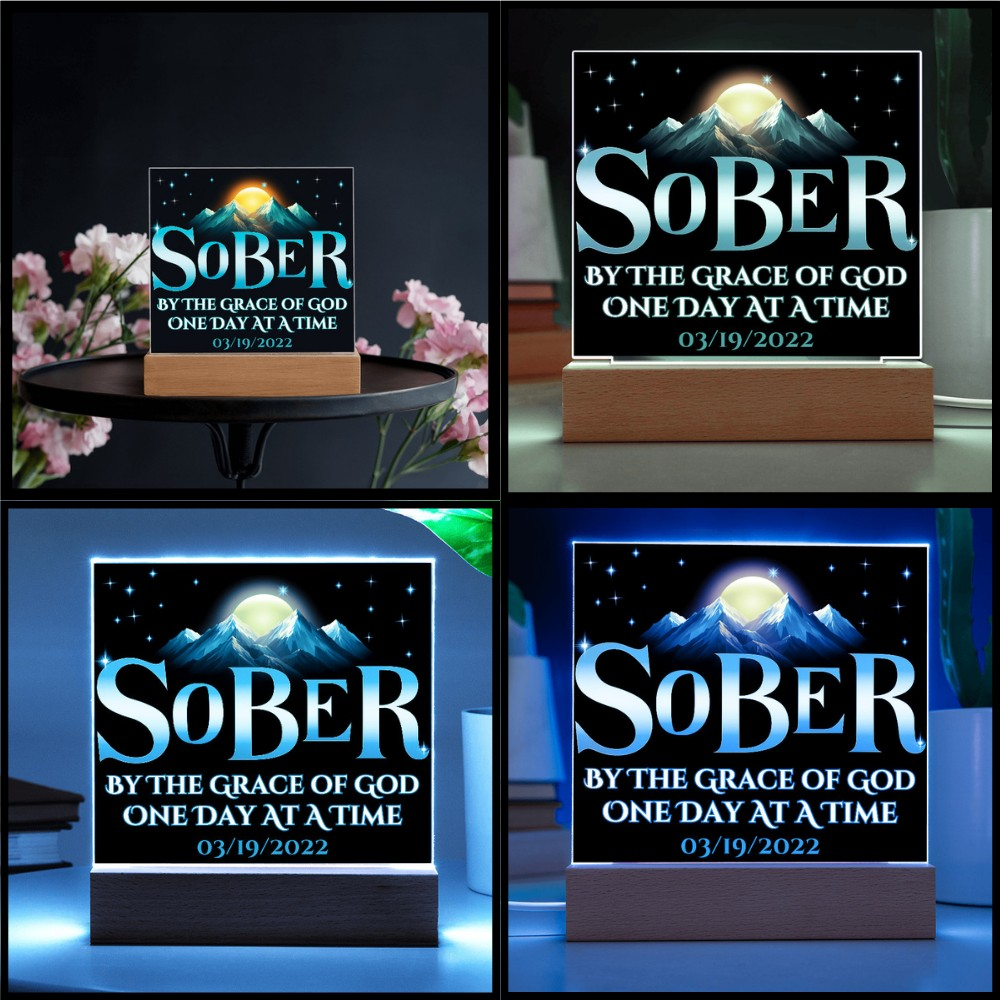 Acrylic LED plaque on a wooden base with printed memorial design and multicolor lighting