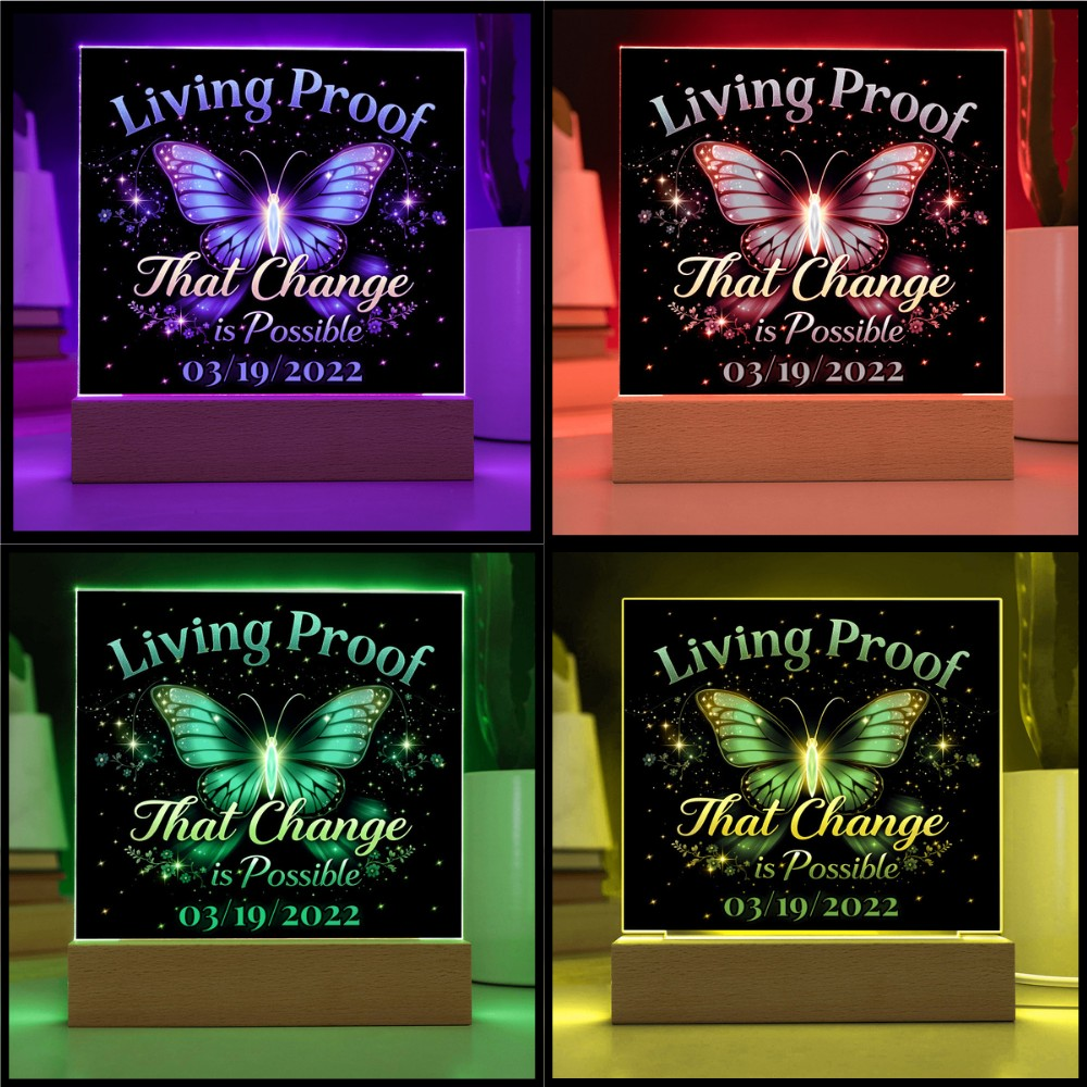 LED acrylic plaque on wood base with multicolor butterfly glow variations
