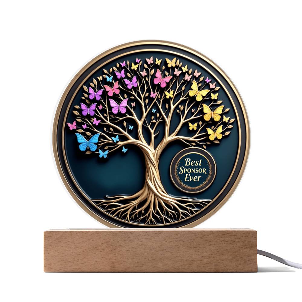 LED circle acrylic keepsake with tree, butterflies, and badge on wood base