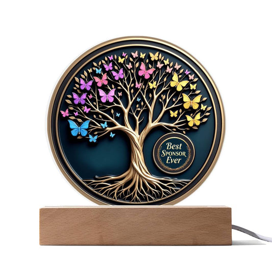 LED circle acrylic keepsake with tree, butterflies, and badge on wood base