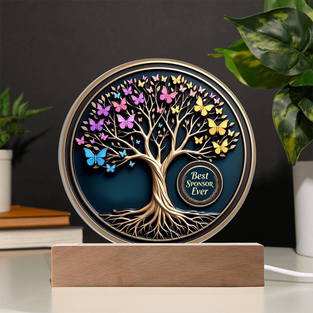 LED circle acrylic keepsake with tree and butterflies on wood base, unlit