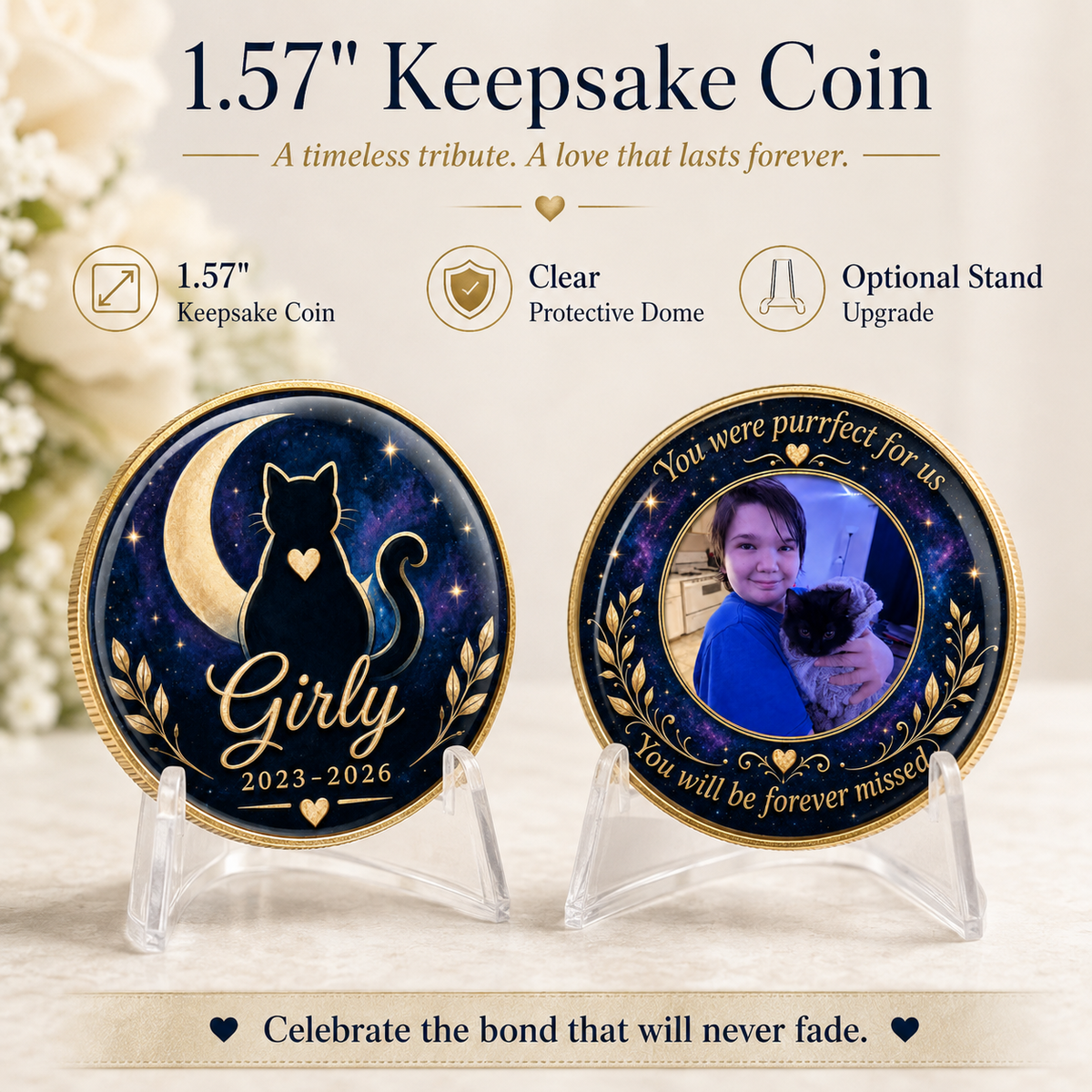 Personalized Cat Memorial Coin – Custom Name, Dates & Photo Keepsake
