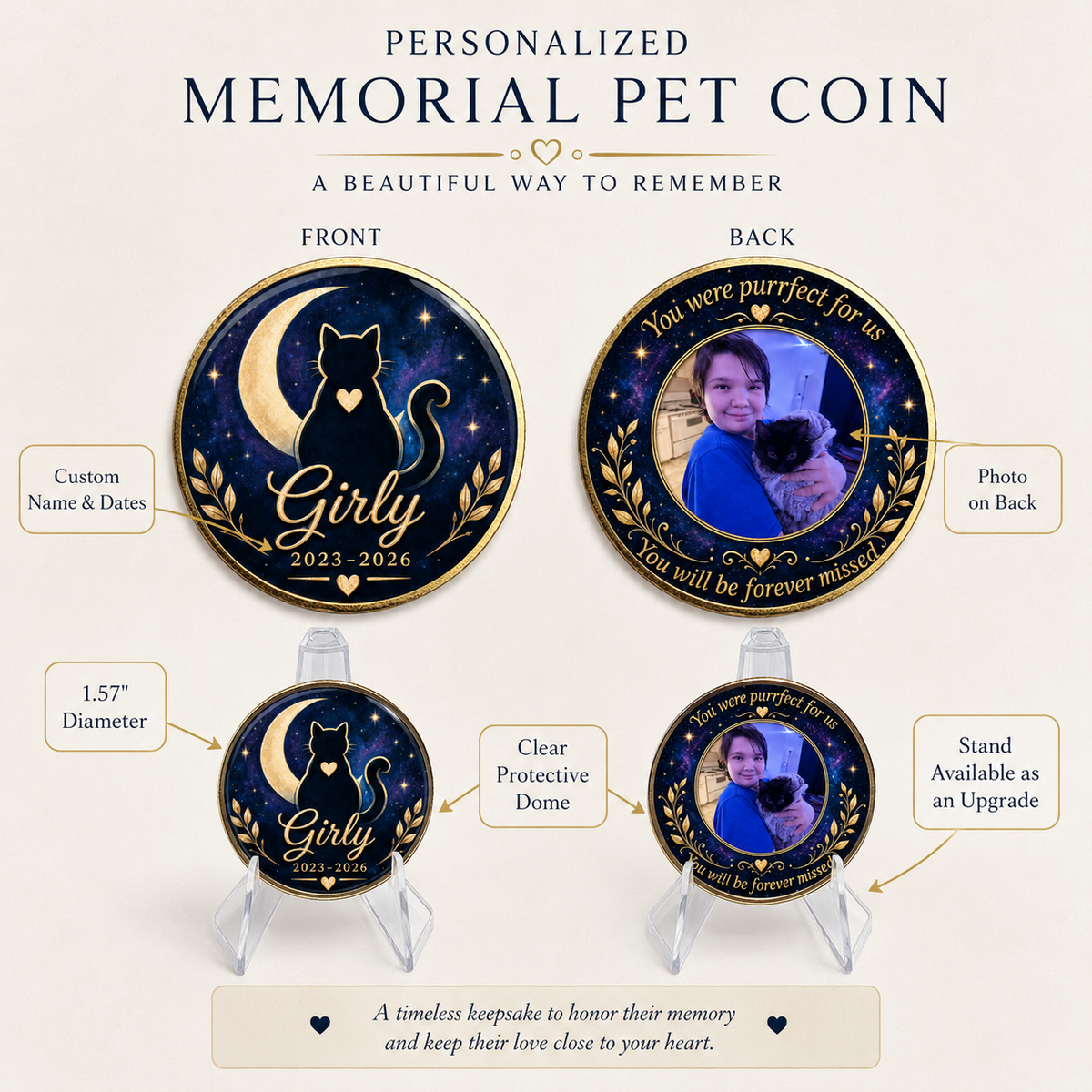 Personalized Cat Memorial Coin – Custom Name, Dates & Photo Keepsake