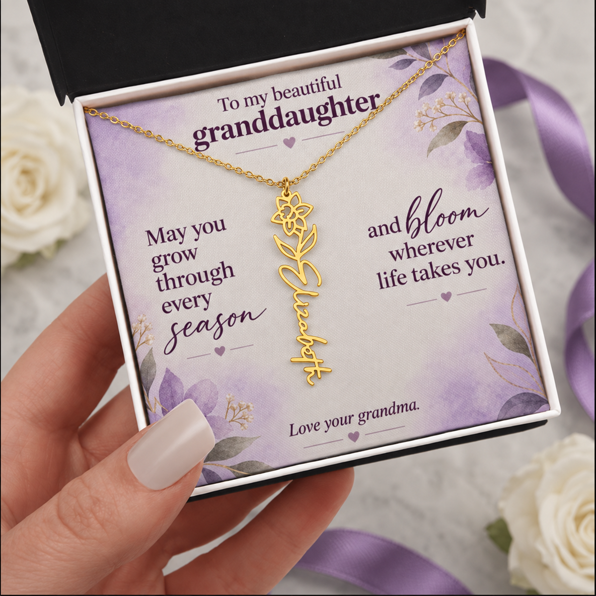 To My Granddaughter Personalized Birth Flower Name Necklace – Custom Name Jewelry Gift from Grandma