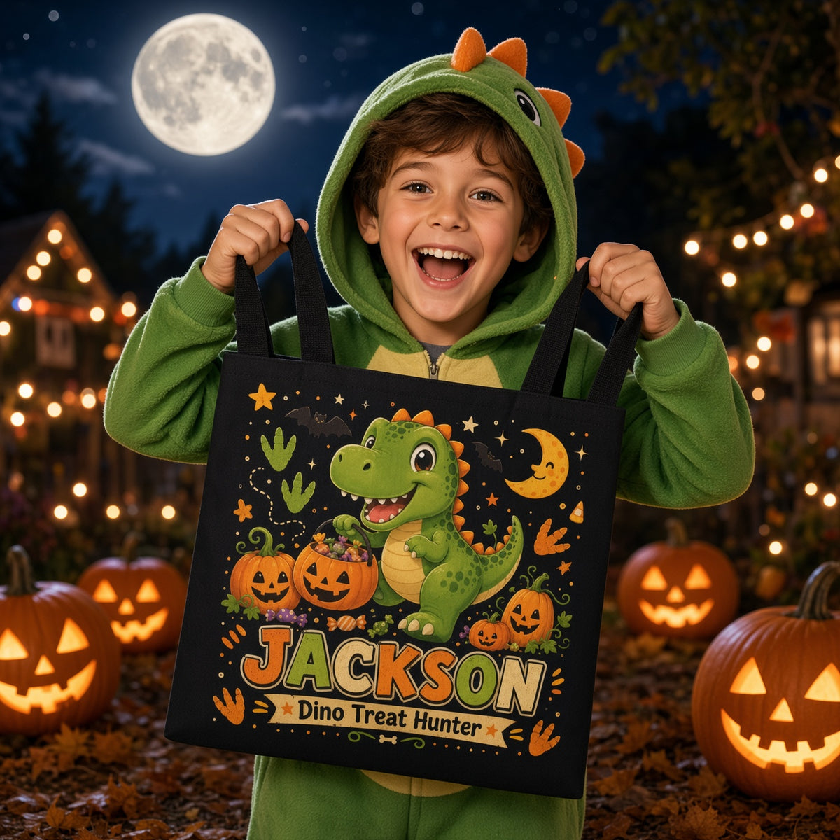 Personalized Dino Treat Hunter Halloween Tote Bag