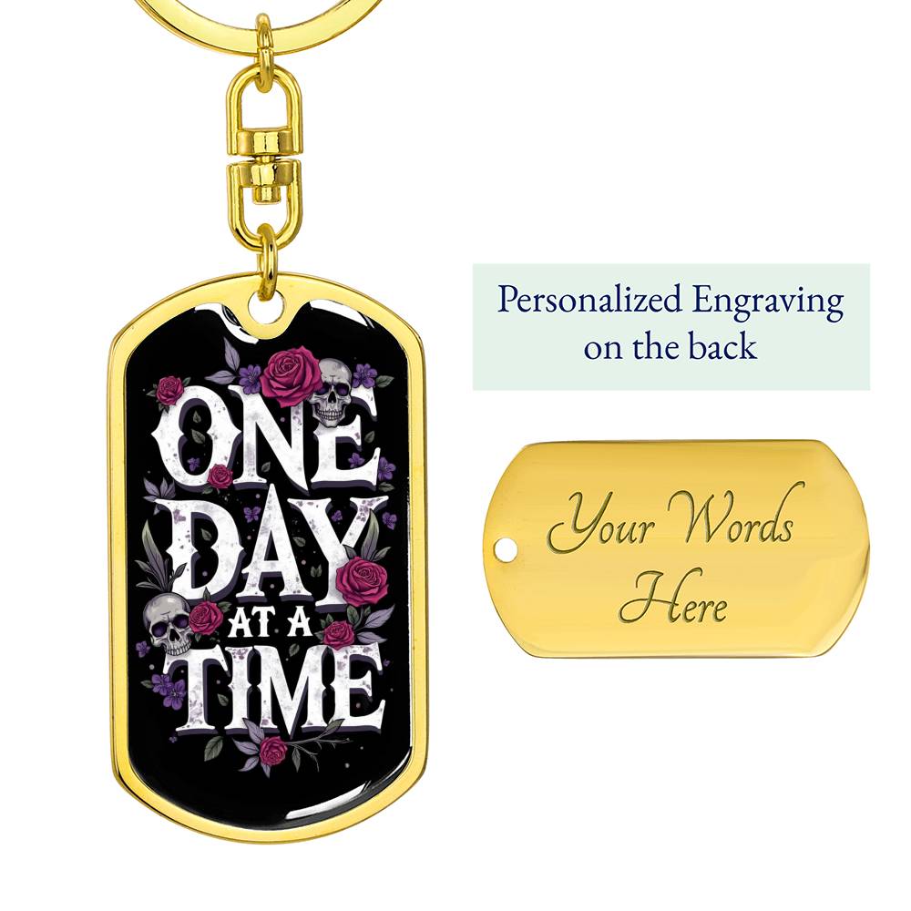 Gold dog tag keychain showing “Your Words Here” engraving area on the back