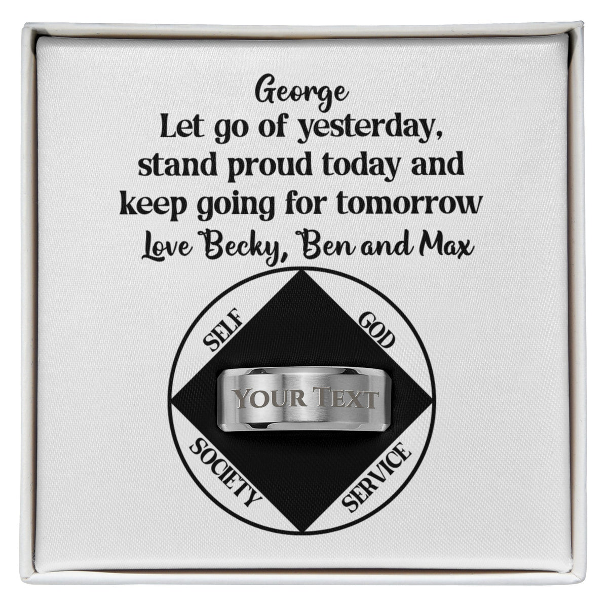 Personalized stainless steel ring with engraved band and message card in gift box