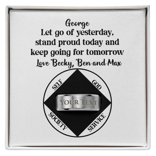 Personalized stainless steel ring with engraved band and message card in gift box