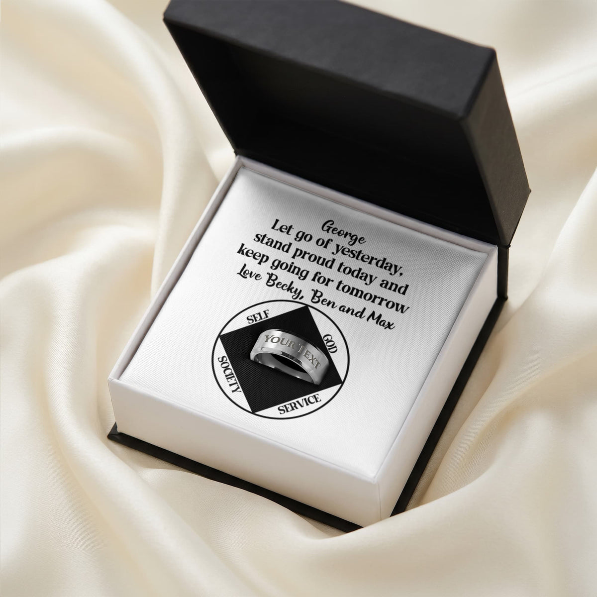 Personalized ring with message card in open black gift box