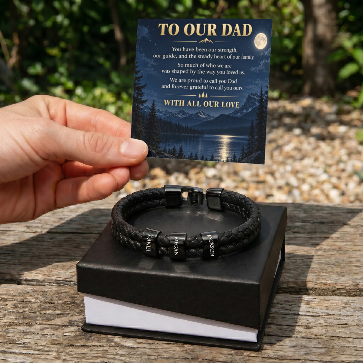 Dad Name Bracelet – “To Our Dad” Moonlit Mountain Family Gift