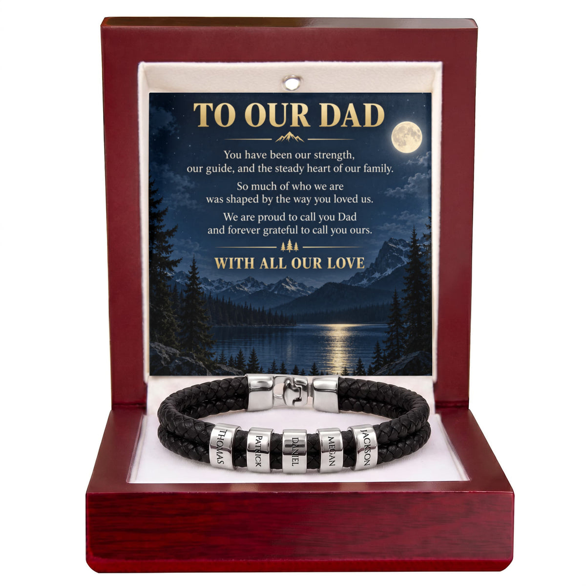 Dad Name Bracelet – “To Our Dad” Moonlit Mountain Family Gift