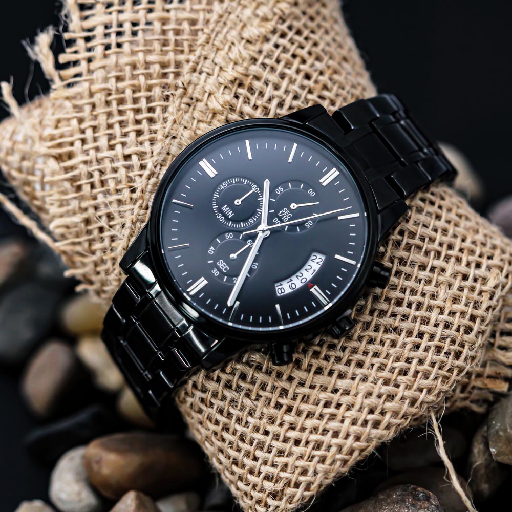 Men's watch with black dial and black metal link bracelet, chronograph-style layout