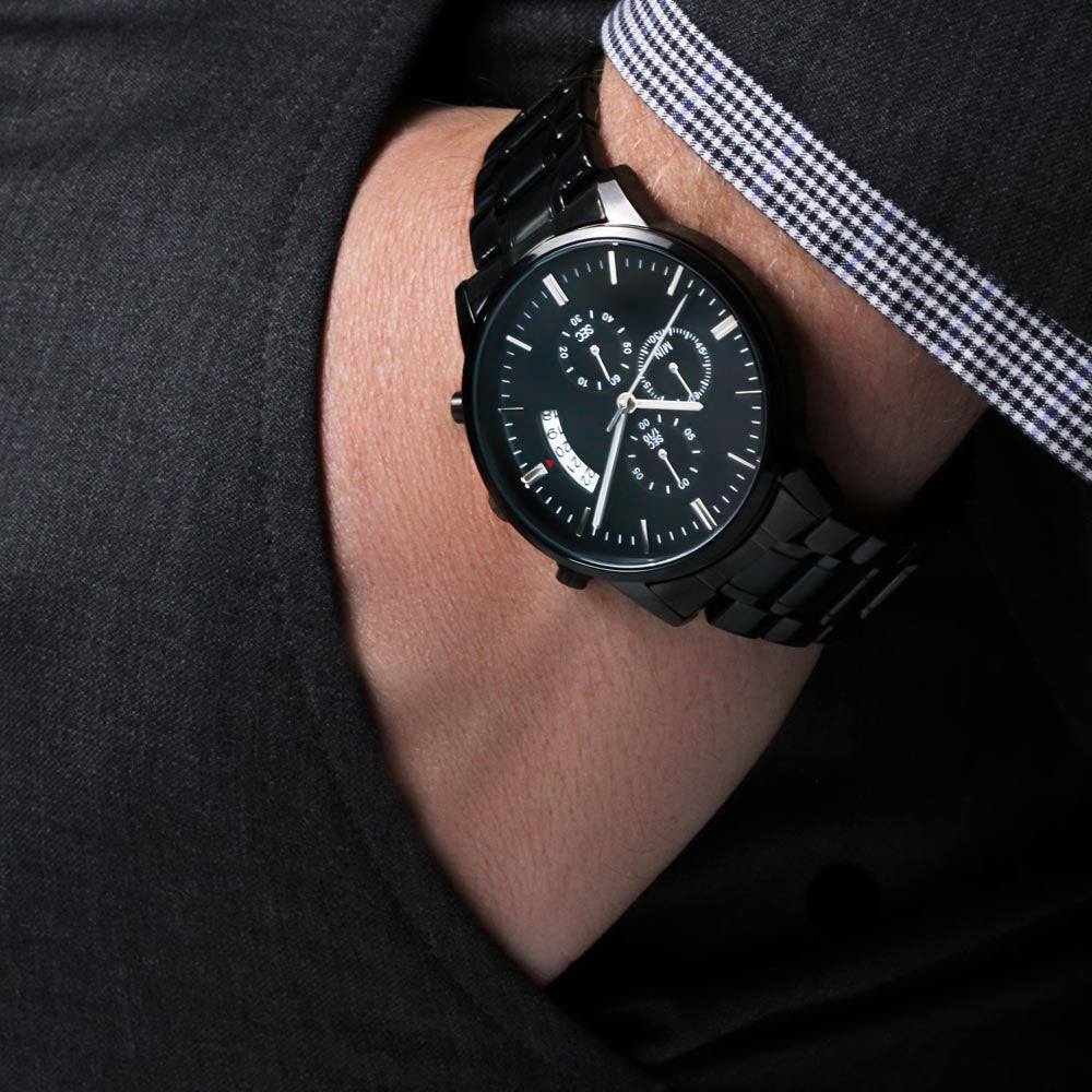Grateful for Every Moment Engraved Black Chronograph Watch – Meaningful Gift for Him