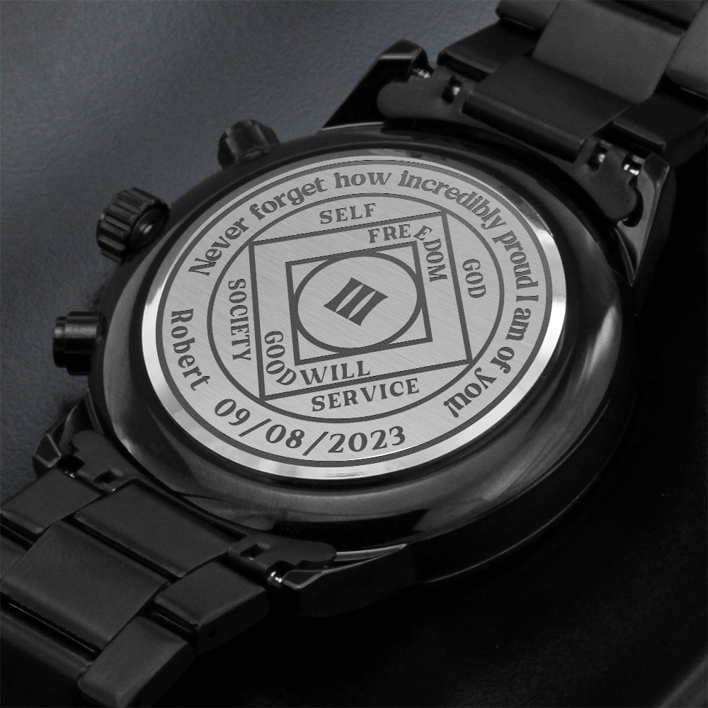 Men's black wrist watch with engraved caseback and linked steel bracelet