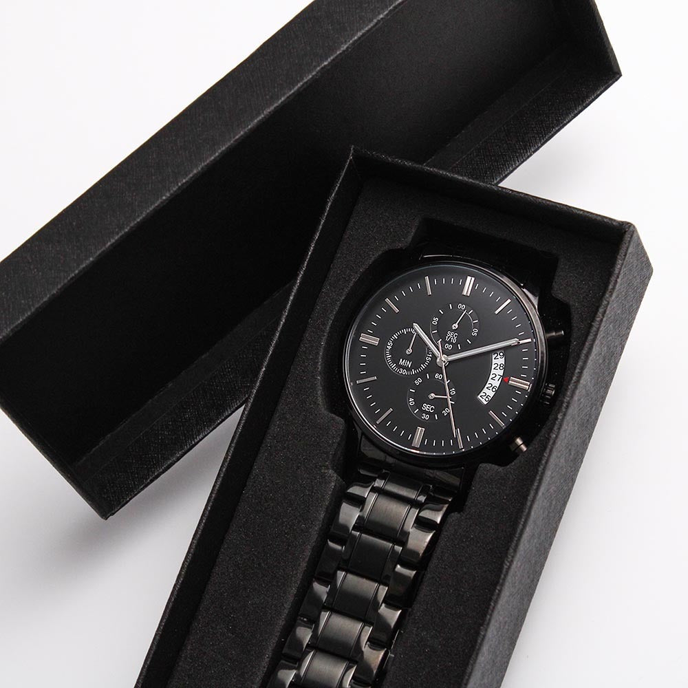 Men's watch in black gift box with black dial and black metal link bracelet