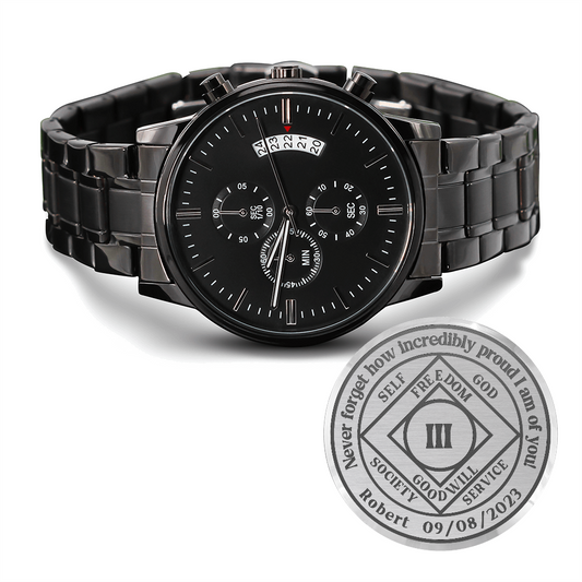 Men's black chronograph wrist watch with linked steel band and date display