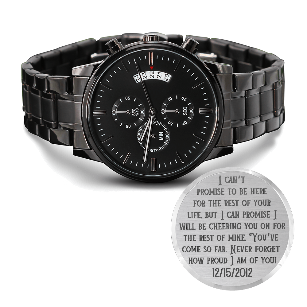 Black metal chronograph wristwatch with engraved circular sentiment plate
