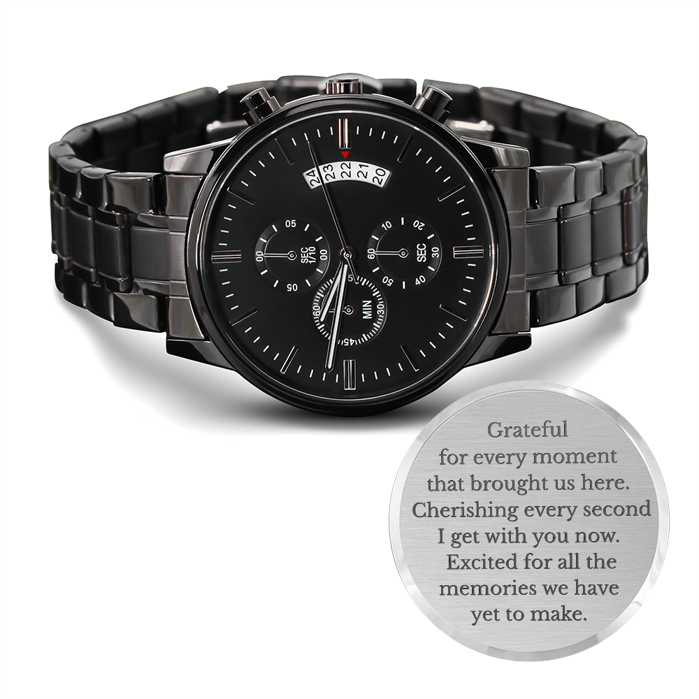 Grateful for Every Moment Engraved Black Chronograph Watch – Meaningful Gift for Him