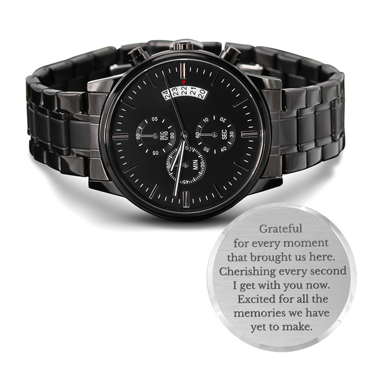 Grateful for Every Moment Engraved Black Chronograph Watch – Meaningful Gift for Him