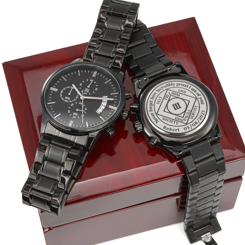 Men's black chronograph wrist watch with steel band in a red gift box