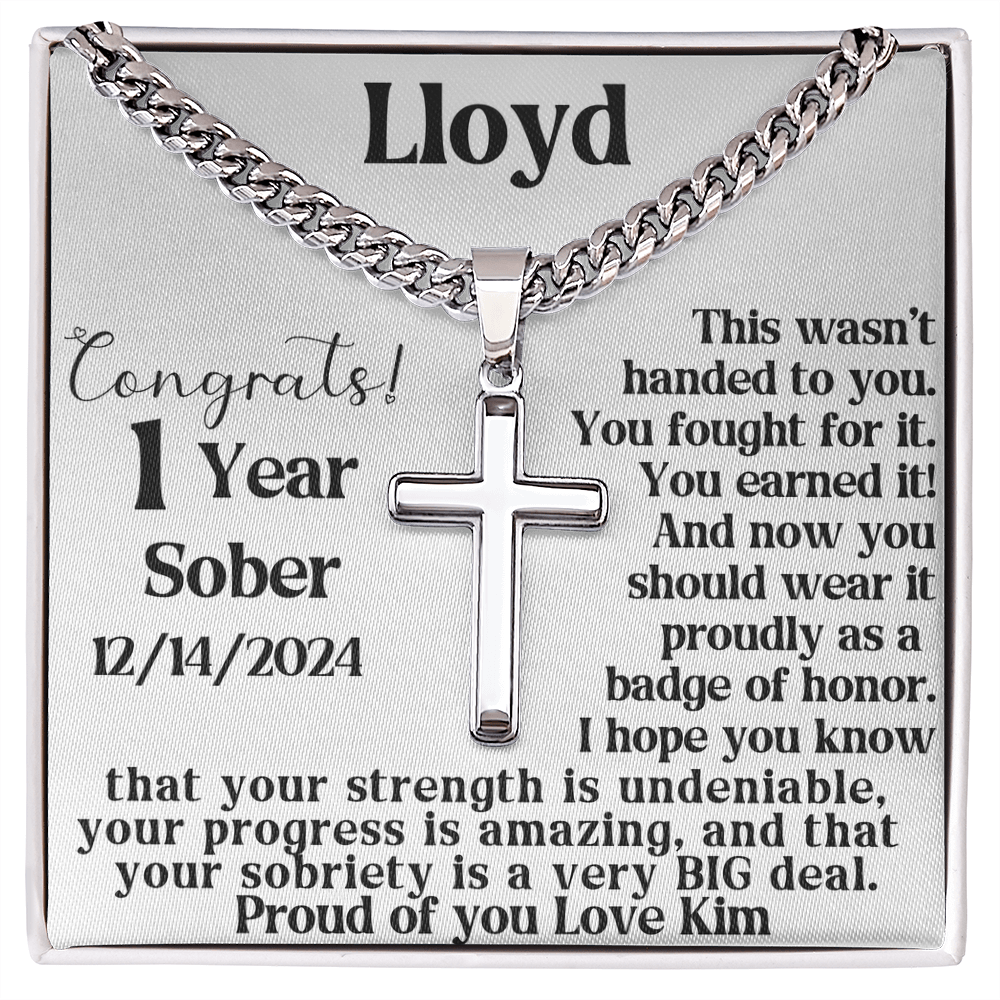 Silver chain necklace with cross pendant, shown in a gift box