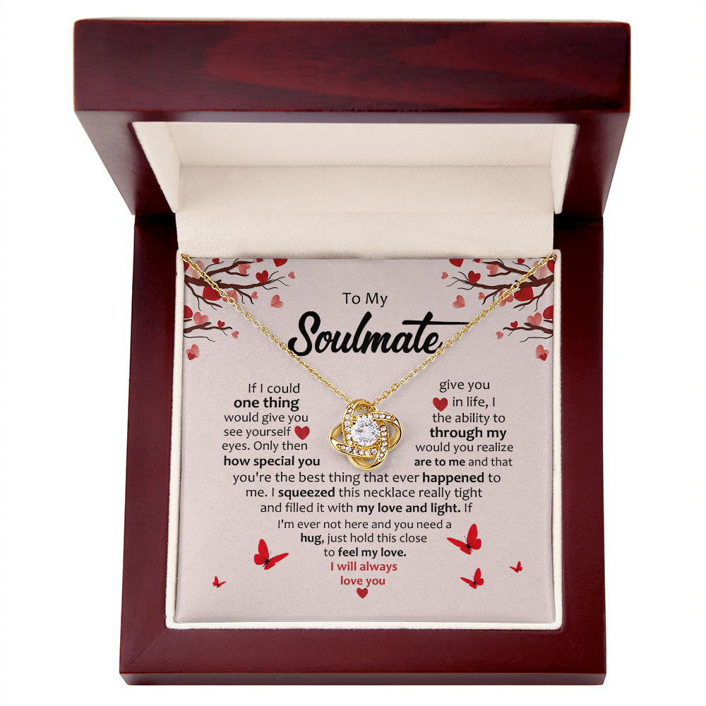 Gold heart knot pendant necklace with round stones in red gift box