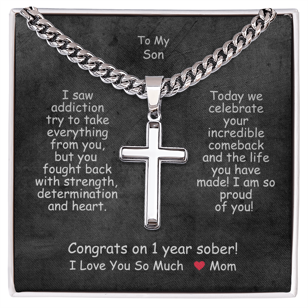Cross pendant necklace in a clear gift box with message card.