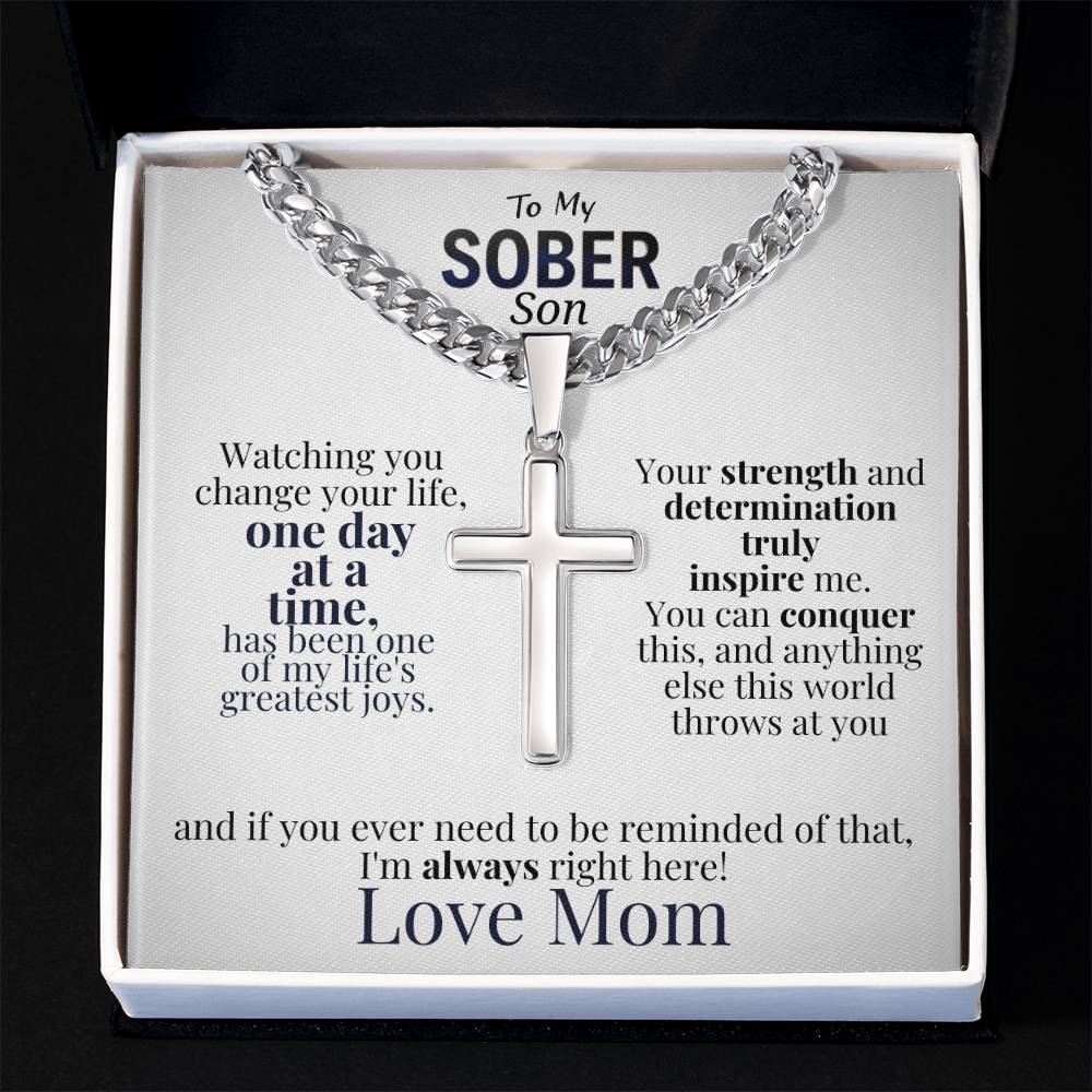 Silver cross pendant necklace with linked chain and message card in gift box