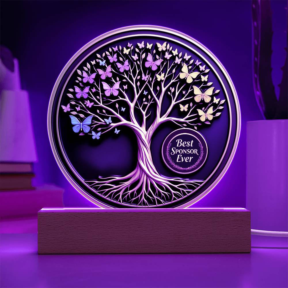LED circle acrylic keepsake with glowing ring, white tree and multicolor butterflies on dark