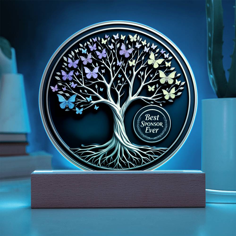 LED circle acrylic keepsake with white tree branches, multicolor butterflies, and sponsor badge