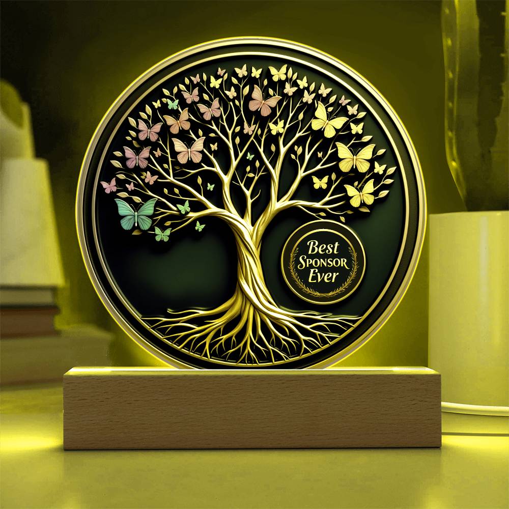 LED circle acrylic keepsake with glowing ring, white tree, multicolor butterflies, and badge