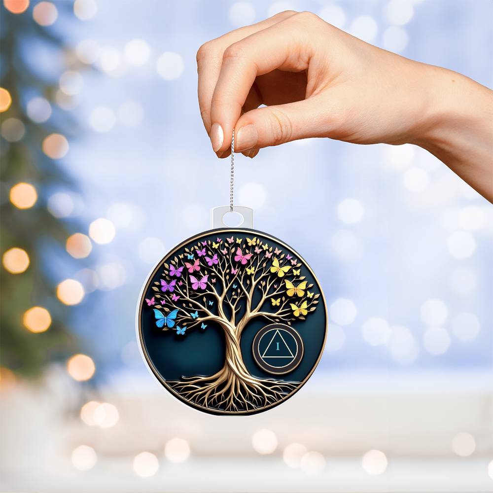 Tree of Life sobriety ornament: round hanging disc with colorful butterflies, tree, and AA symbol