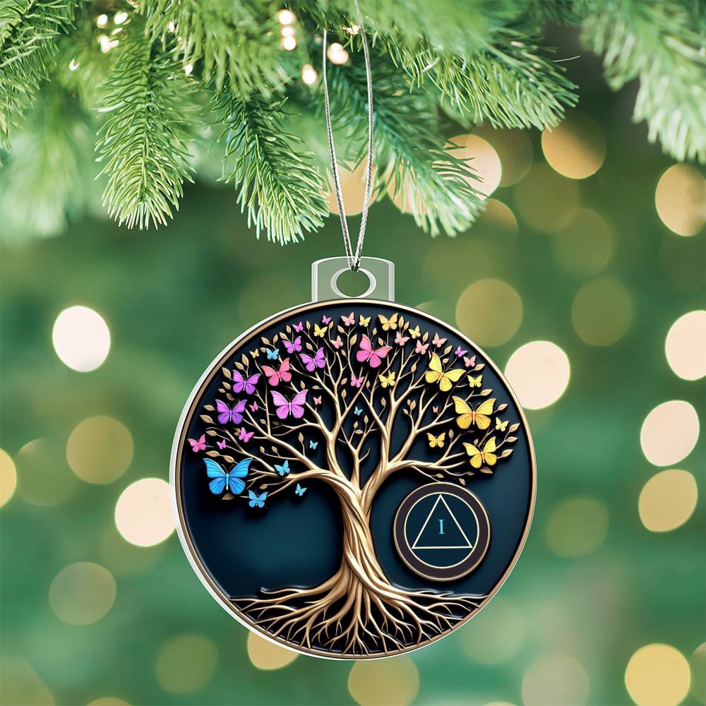 Hanging round Tree of Life sobriety ornament with butterflies, tree, and AA symbol