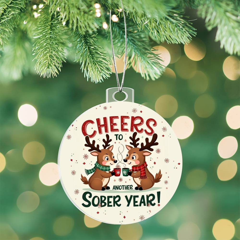 Round ornament hanging from a branch: 'Cheers to Another Sober Year!' with reindeer