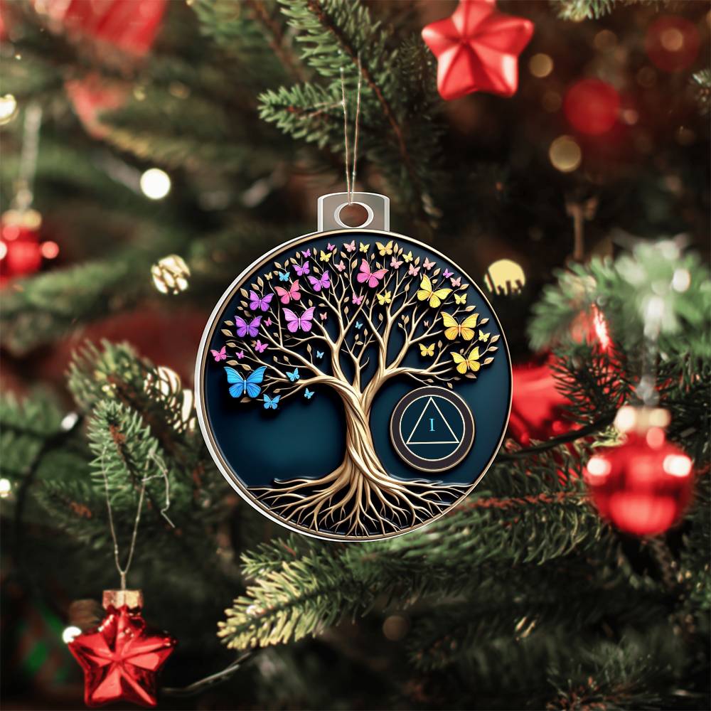 Tree of Life sobriety ornament: round hanging disc with butterflies, tree, and AA sobriety symbol