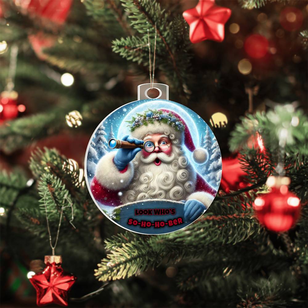 Round Santa ornament hanging on a tree branch, with blue telescope and red text
