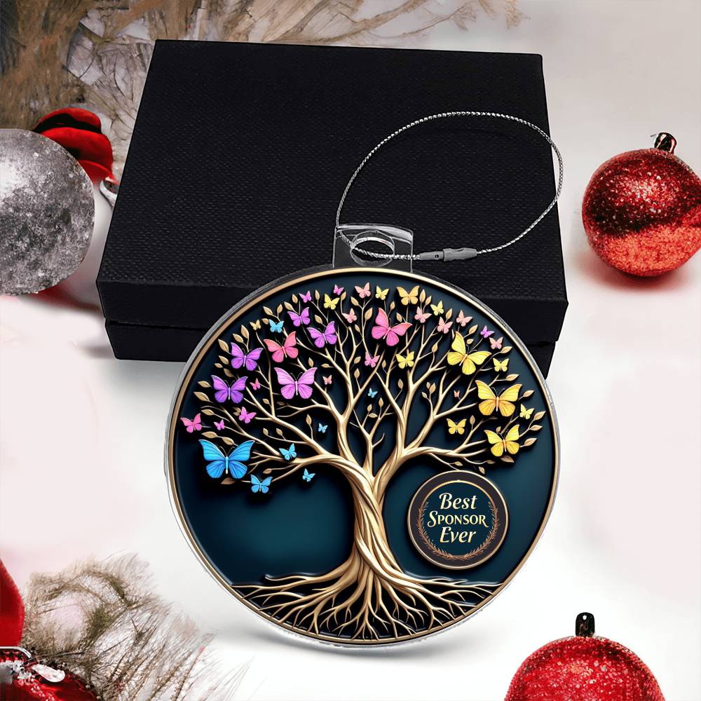 Acrylic tree ornament with butterflies in black gift box, hanging loop on top