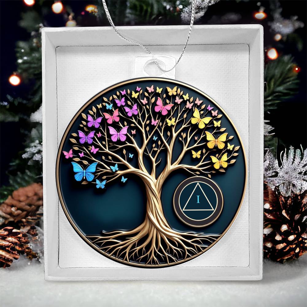 Tree of Life sobriety ornament in white gift box, round disc with butterflies, tree, and AA symbol