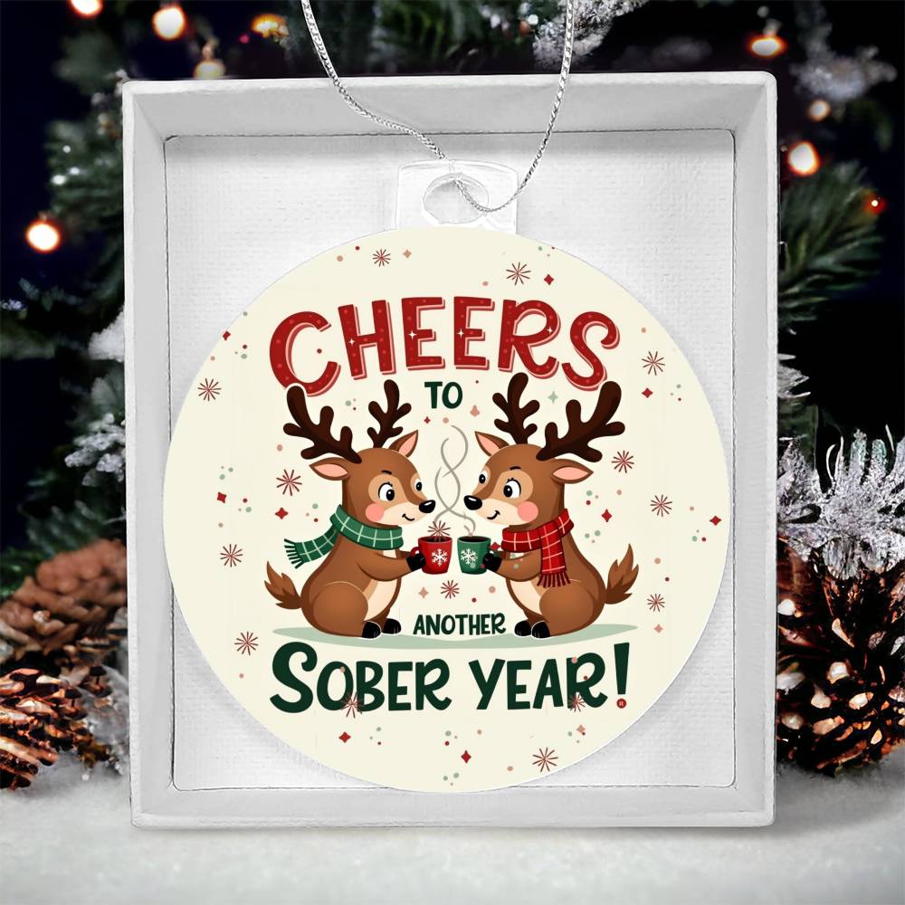 Round ornament in gift box, showing 'Cheers to Another Sober Year!' and reindeer