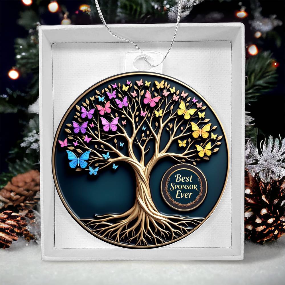 Acrylic tree ornament with butterflies in white gift box, hanging loop centered