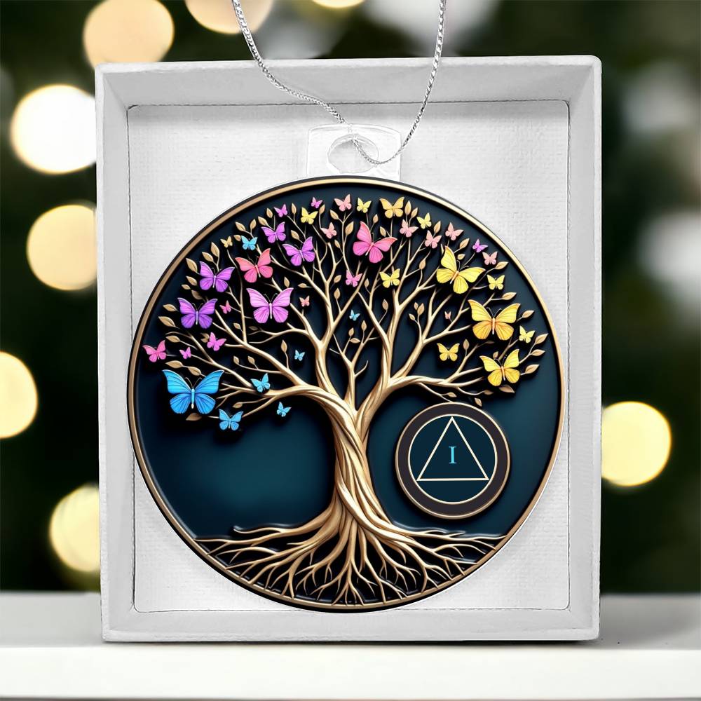 Tree of Life sobriety ornament in white gift box, round disc with butterflies, tree, and AA symbol