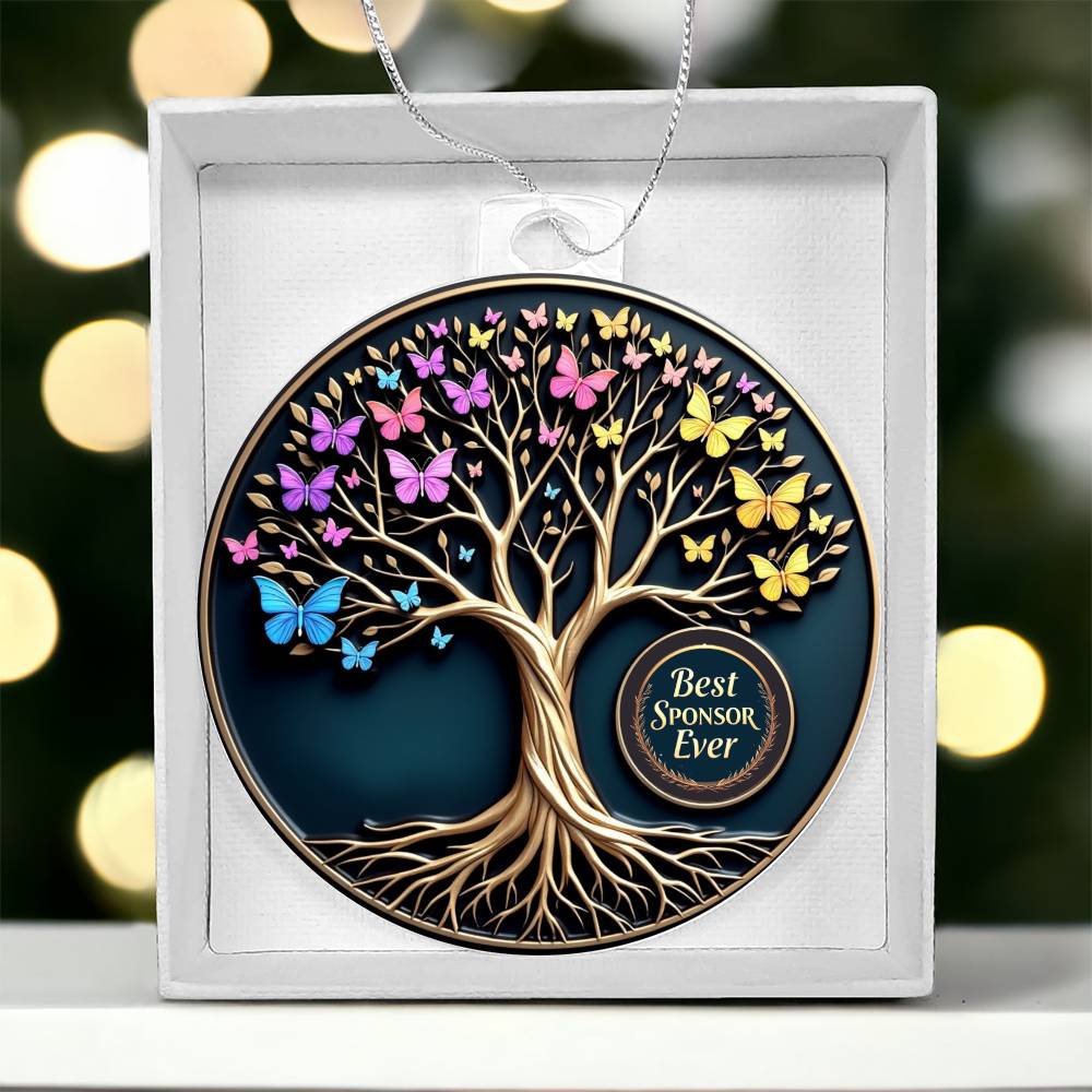 Acrylic tree ornament with butterflies in white gift box, hanging loop visible