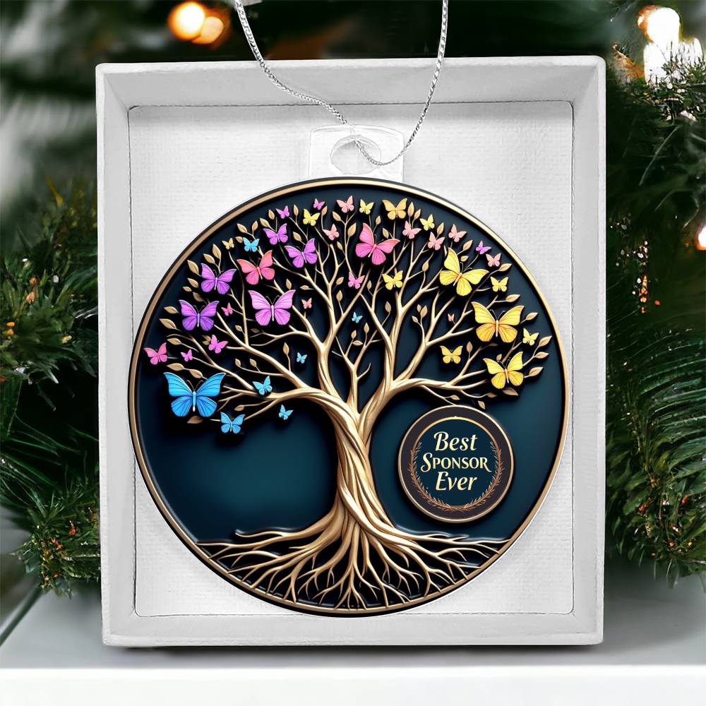 Acrylic tree ornament with butterflies in white gift box, viewed at an angle