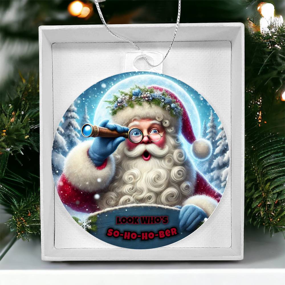 Square gift box with hanging round Santa ornament, blue telescope and red “So-Ho-Ho-Ber”