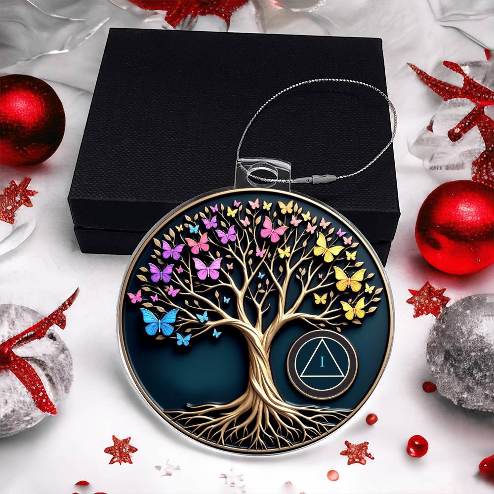 Tree of Life sobriety ornament in black gift box, round disc with butterflies, tree, and AA symbol