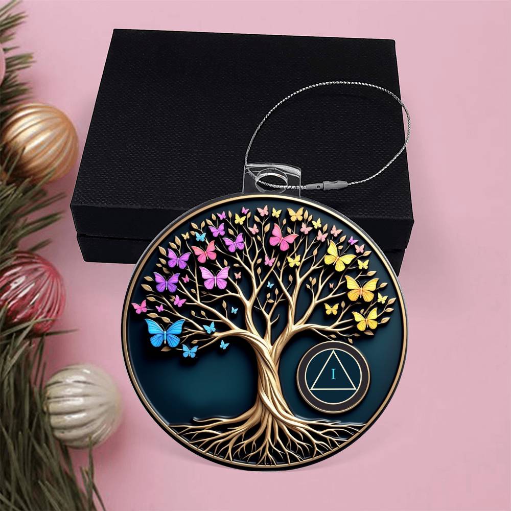Tree of Life sobriety ornament in black gift box, round disc with butterflies, tree, and AA symbol